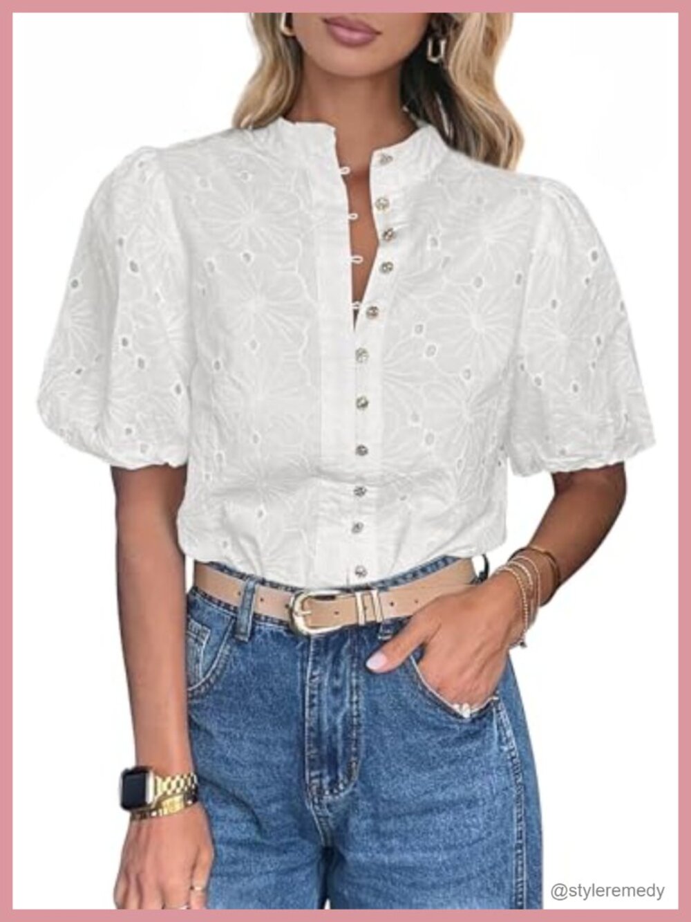 Boho V Neck Button Down Blouse Embroidered Eyelet Lace Short Sleeve